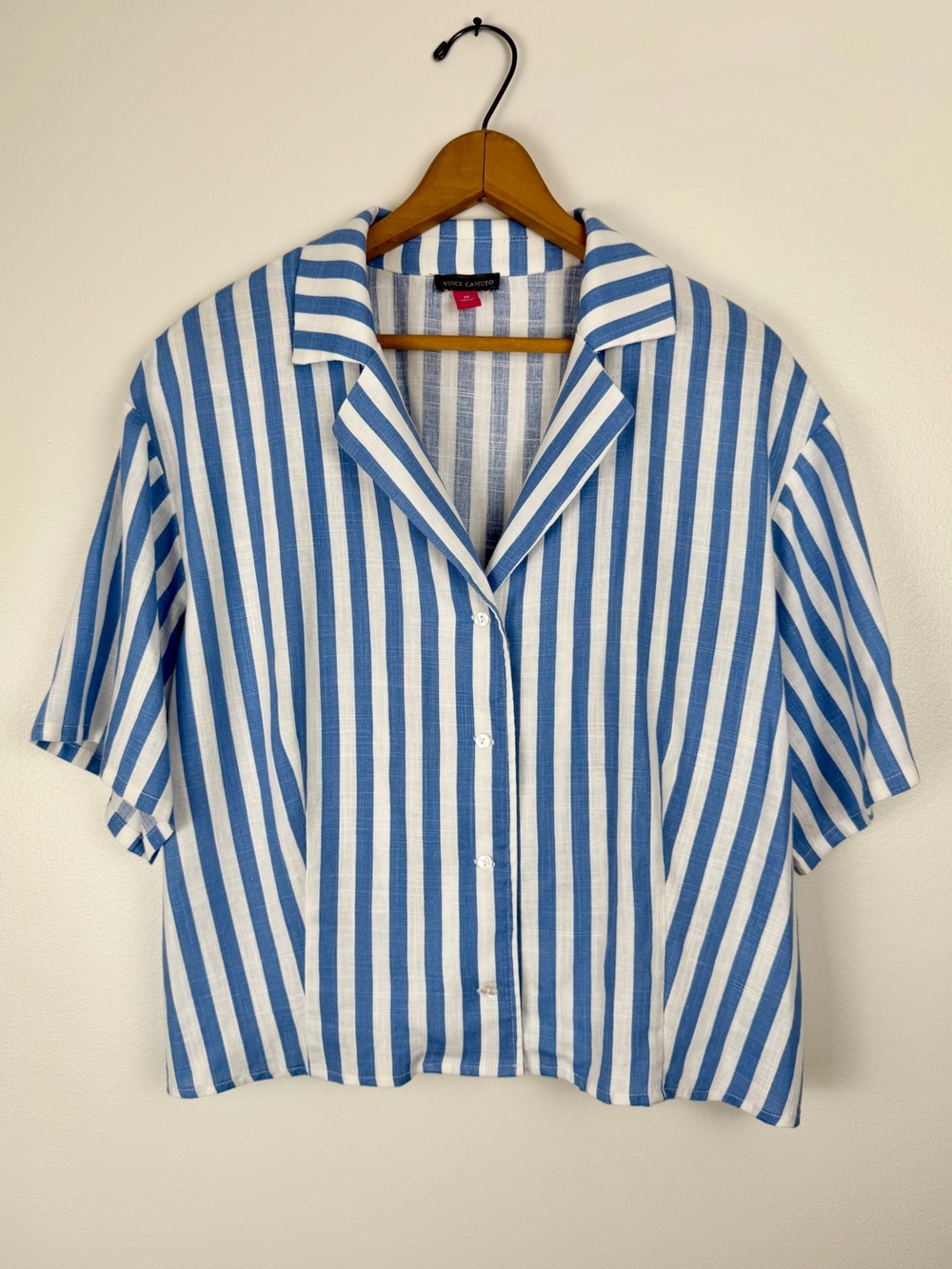 Vince Camuto Cropped Linen Blend Boxy Button Up Shirt, Blue White Striped